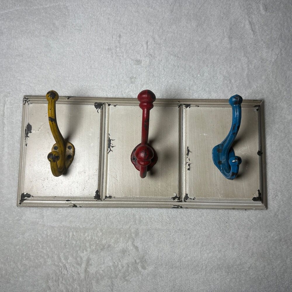 Vintage Style Wall Coat Rack 3 Hooks Red Blue Yellow Distressed Rustic Farmhouse